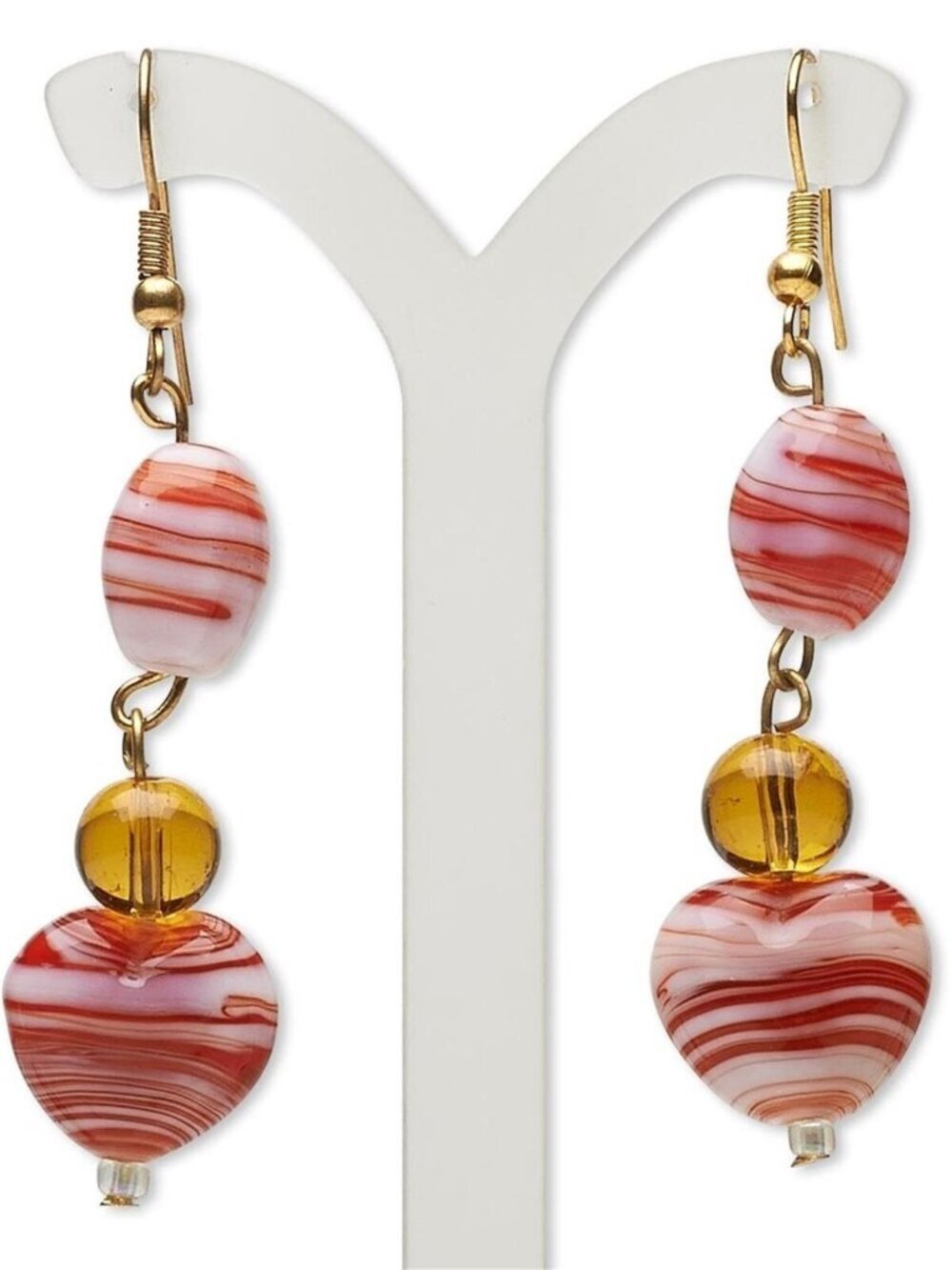 Handcrafted India Red White Amber Glass Heart Beads Brass Earrings